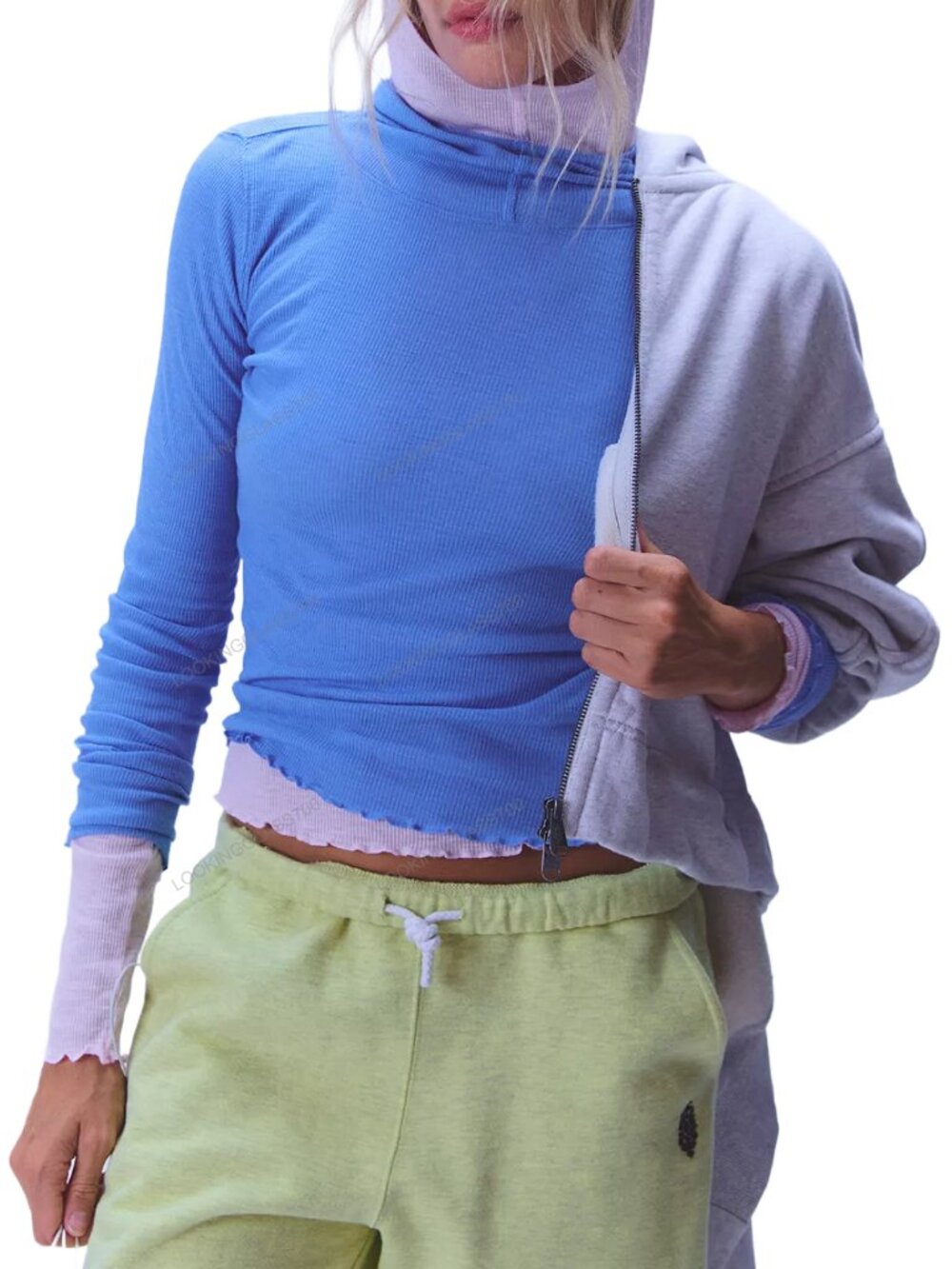 Free People FP Movement Breathe Easy Layer Ribbed Hooded Top Riviera Blue XS NWT